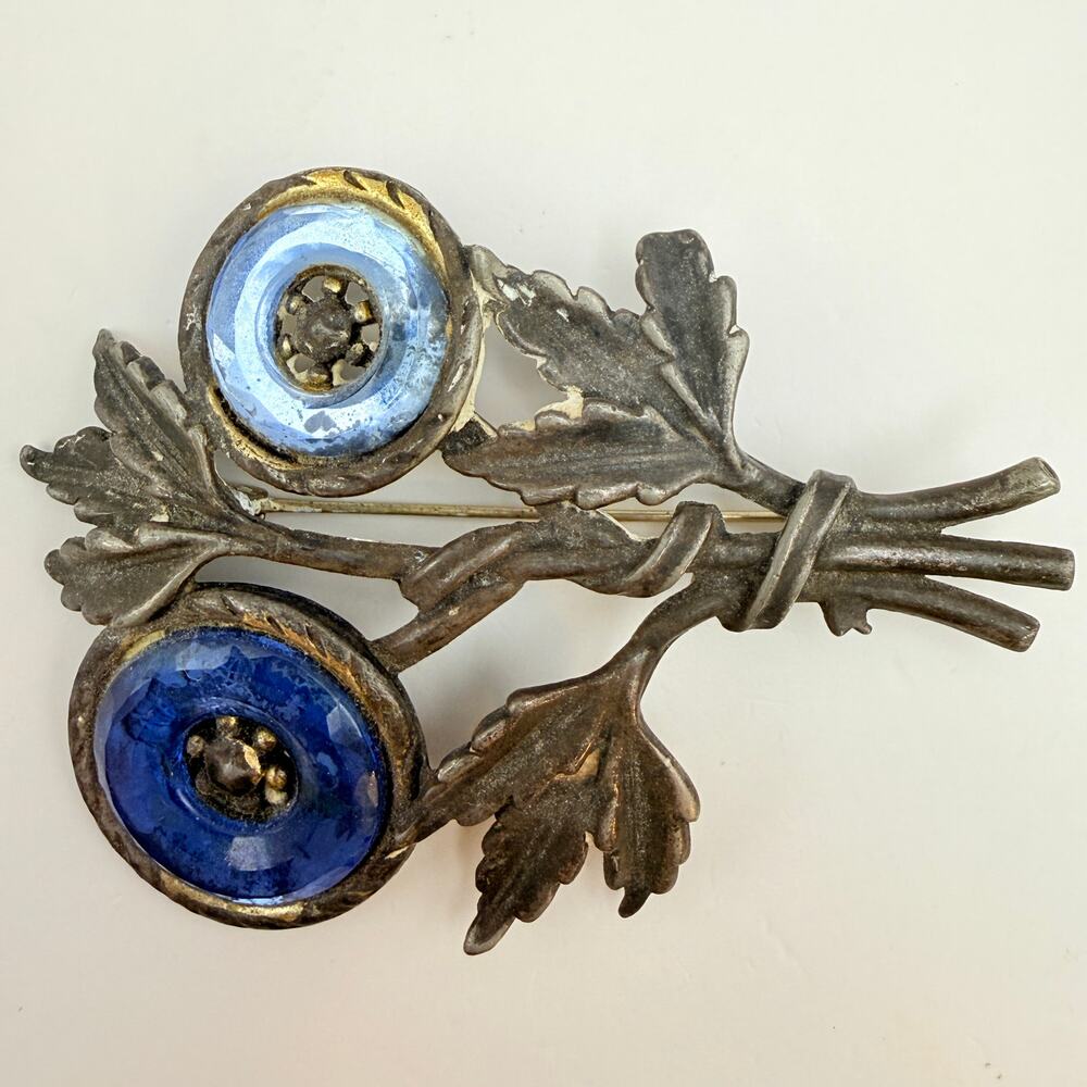 Vintage LN/25 Little Nemo Pot Metal Flower Brooch Pin Blue Glass Cabochons